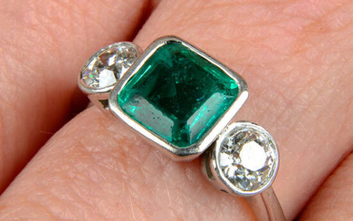 An 18ct gold emerald and old-cut diamond three-stone ring.