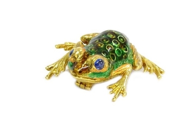 An 18ct gold enamel frog brooch, with two cabochon...
