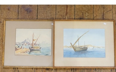 An "A. TALAT" Water Colour Wash of Coastal Boats with Temple...
