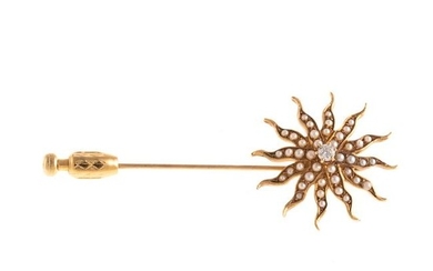 An Art Nouveau Seed Pearl & Diamond Starburst Pin