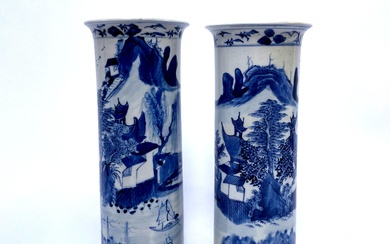 An Associated Pair of Antique Chinese Blue & White Sleeve Vases Depicting Landscape Scenes, Early Qing Dynasty
