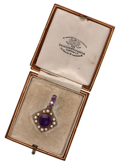 An Edwardian, amethyst and half-pearl pendant, centring on a millegrain set circular-cut amethyst within a quatrefoil surround of half-pearls, with amethyst and pearl suspension loop to a curb link chain, c.1905, length 40cm, fitted case by...