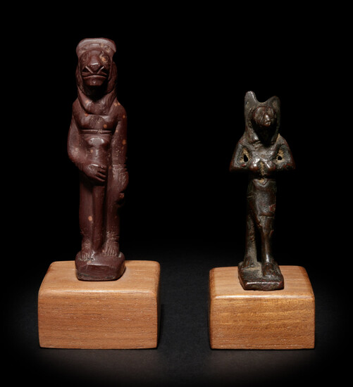 An Egyptian Stone Striding Bastet and an Egyptian Bronze Anubis