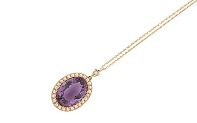 An amethyst and split pearl pendant and chain