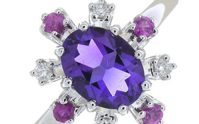 An 18ct gold amethyst, ruby and brilliant-cut diamond cluster ring.
