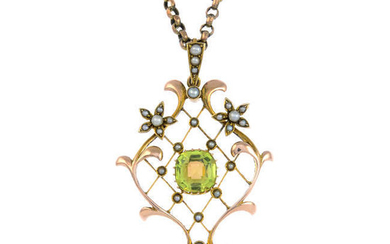An early 20th century 9ct gold peridot and split pearl pendant, with chain.