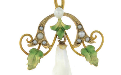An early 20th century Art Nouveau gold enamel and 'dog tooth' pearl pendant, with seed and split pearl accents.