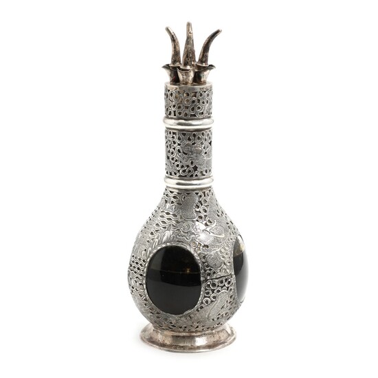 NOT SOLD. An early 20th century Chinese export pierced silver overlay glass divided decanter. H....