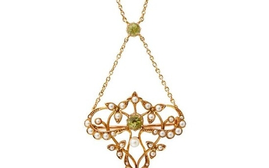 An early 20th century peridot and pearl set pendant