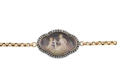 An early 20th century silver and gold painted miniature scene, with rose-cut diamond surround and later bracelet fittings.