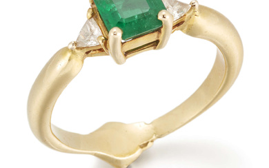An emerald and diamond three stone single ring, the single...