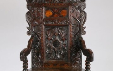 An impressive and good Charles II joined oak and inlaid double panel-back open armchair, South