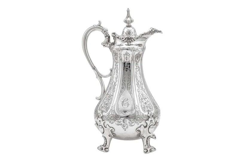 An unusual Victorian sterling silver wine ewer or claret jug, London 1851 by Joseph Angell II
