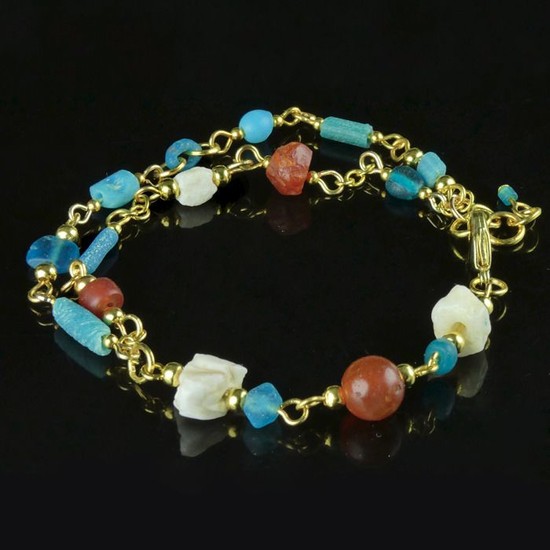Ancient Roman Glass Bracelet with turquoise glass, carnelian and shell beads