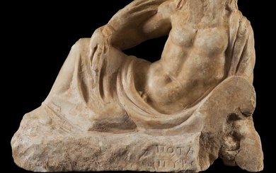 Ancient Roman Marble Sculpture of a fluvial divinity, river Sagarius. 1st - 3rd century AD. 43 cm L.