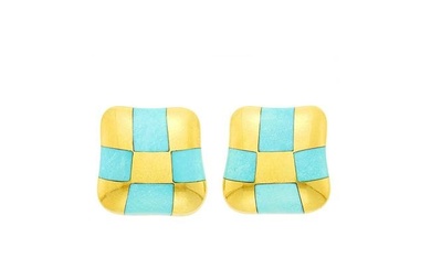 Angela Cummings Pair of Gold and Turquoise Checkerboard Earrings