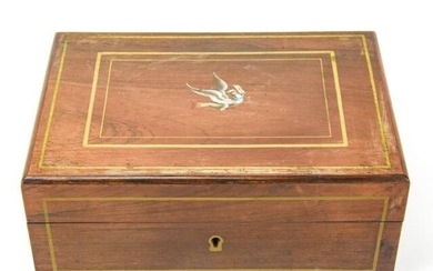 Antique 19th C Wooden Jewelry Box w Swallow Bird