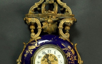 Antique French enamelled porcelain and gilt bronze wall clock