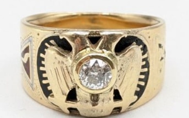 Antique Men's 14K Yellow Gold Diamond Masonic Ring