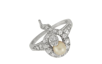 Antique Platinum-Topped Gold, Pearl and Diamond Snake Ring