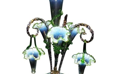 Antique Victorian 4 Horns 3 Hanging Basket Uranium Opalescent Green Epergne with Applied Blown Glass