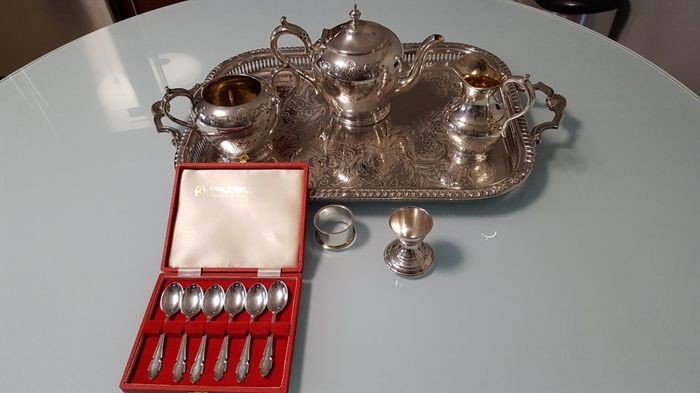 Antique Victorian 4-piece tea set, plated silver, by James Deakin & Sons, Sheffield + set of six silver tea or coffee spoons, Sheffield, 1973 + Vintage Silver egg cup & napkin ring set, Yeoman silver plating, England circa 1950