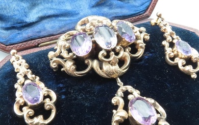 Antique Victorian Amethyst Set Brooch and Pair of Matching E...