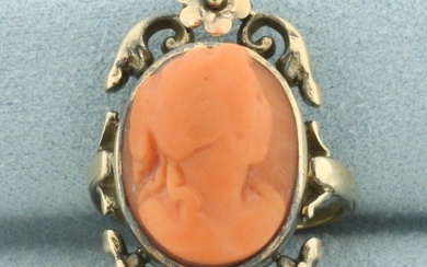 Antique Victorian Carved Red Coral Cameo Ring in 14k Rose Gold