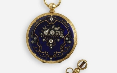 Antique diamond and blue enamel pocket watch with key