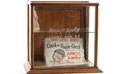 Antique quarter sawn oak & glass Display Case etched on front glass "Amos 'n' Andy Candy Bar 5c"