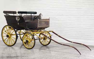 Antique timber carriage with original brass lanterns, horn and sideboards (160 x 392 x 170cm)