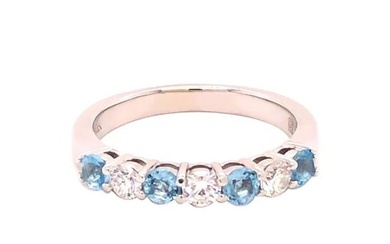 Aquamarine and Diamond Anniversary Band, Designer Ring in 14k White Gold