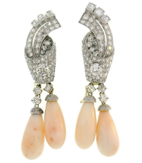 Art Deco Coral Diamond Platinum Dangle EARRINGS