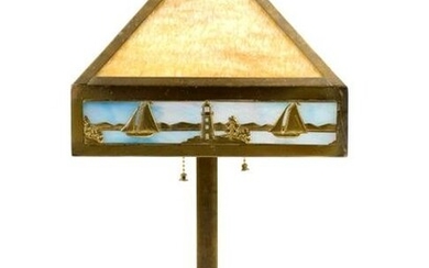Arts & Crafts Bronze Slag Glass Lamp Sea Scene Design