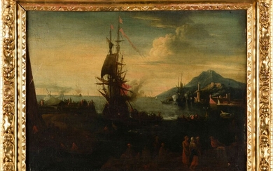 Attribué à Adriaen VAN DER KABEL (1631-1705) Vue d'un port au Levant Huile sur toile...