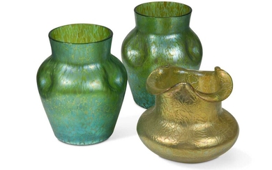 Attributed to Loetz, a pair of Creta Papillion iridescent glass vases