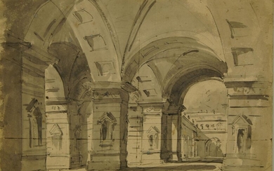 Attributed to William Gordon, British, 18th century- Interior of a Romanesque church; pen and brown ink and grey wash on laid paper, 20 x 298 cm: together with one other drawing in pen and grey coloured ink and wash by the same artist, bears...