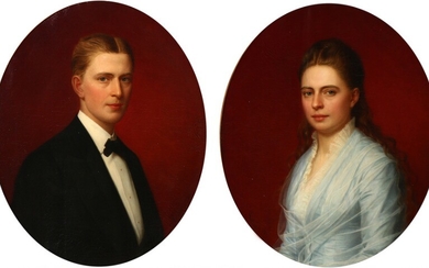 August Schiøtt: Portraits of the siblings Marinus Curtois Grøn and Ada Louisa Grøn. Signed and dated A. Schiøtt 1876. Oil on canvas. 68×55 cm. Oval. (2).