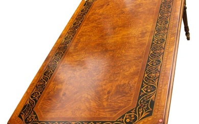 Awesome burl walnut and inlaid carved French empire style dining room table with 2 20" leaves