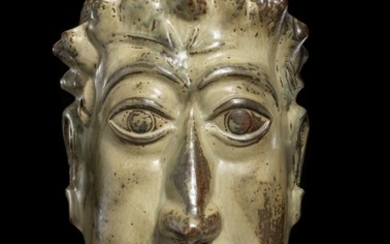 Axel Salto: Stoneware mask modelled in the shape of a male face. Decorated with Sung glaze. Signed Salto. H. 44.5 cm.
