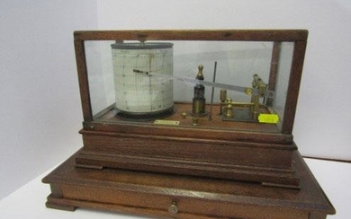 BAROGRAPH, oak table top cabinet cased barograph by T.B....