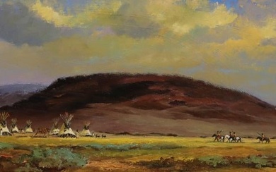 BILL MITTAG (B.1935) WESTERN LANDSCAPE PAINTING, 'RETURN TO CAMP'