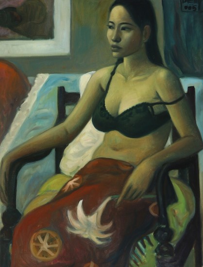 Balinese painter, 20th century : Girl with flower. Signed Deny. Oil on canvas. 98×75 cm.