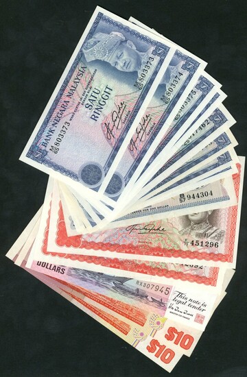 Bank Negara Malaysia, $1 (8), $10 (2), ND (1976-81), (Malaysia Pick 13, 15A, Singapore Pick 1,...