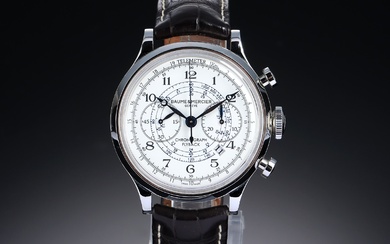 Baume & Mercier 'Capeland Flyback'. Men's steel chronograph with white dial, 2010s