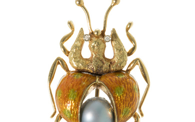 Beetle brooch with diamonds, enamel and pearl