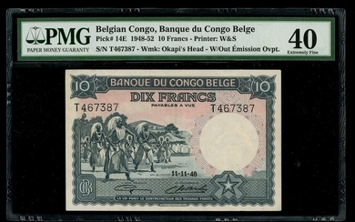 Belgian Congo, 10 francs, 1948, serial number T467387, (Pick 14E)