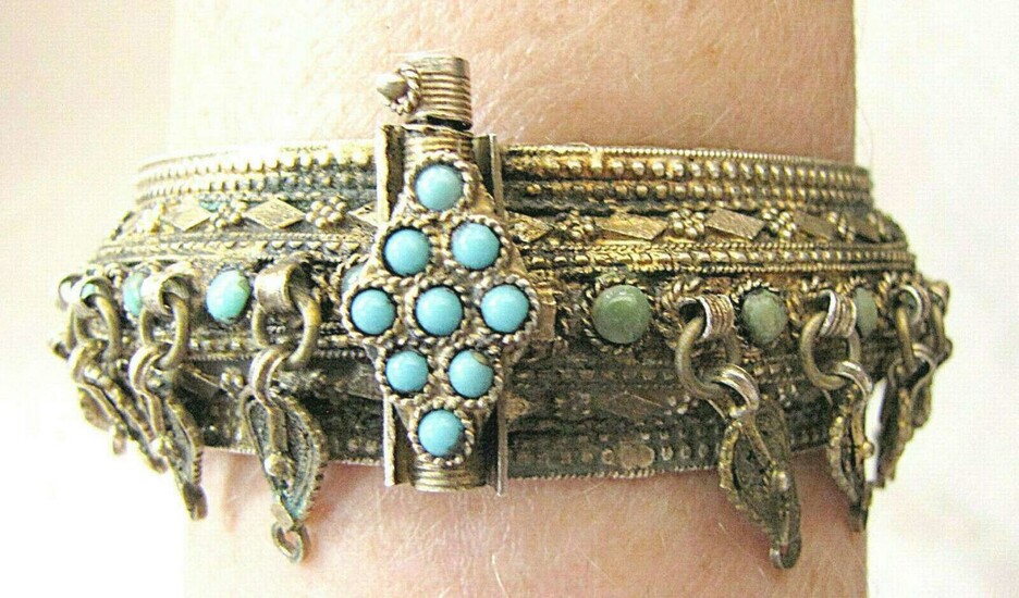 Bezalel Yemenite filigree gilt silver massive tribal bracelet with charms set with turquoise, 51gr., Hazorfim