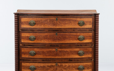 Birch, Flame Birch, and Mahogany Veneer Inlaid Bowfront Chest of Drawers