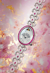 Breguet. An Exceptionally Rare Lady's White Gold, Diamond and Ruby Set Oval Bracelet Watch with Moon-Phases, Power Reserve and Mother-of-Pearl Dial